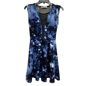 Mystic blue galaxy print skater dress mesh V-neck insert celestial plunging sz S
